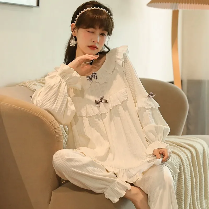

Sweet Kroea Style Women's Pajama Set Pirnt Long Sleeve Ladies Spring Autumn Sleepwear 2 Pcs with Pant Pyjama Suit for Female