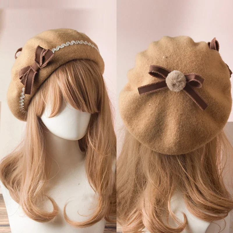 Handmade Women Wool Felt Beret Lolita Girls Cute Hat With Raised Bowknot Painter Beanie Cap