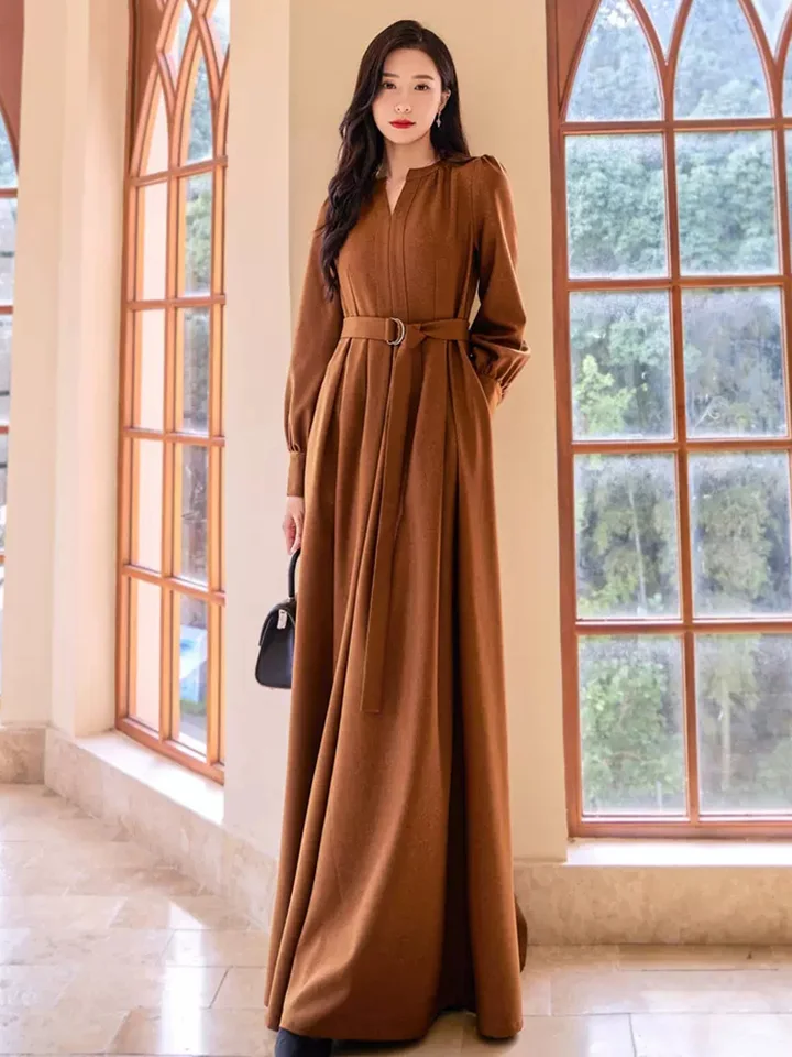 New Women Spring Autumn Ankle-Length Dress Fashion Small V-Neck Long Sleeve  Slim Dress Elegant High Waist Brown Long Dress - AliExpress 200000345