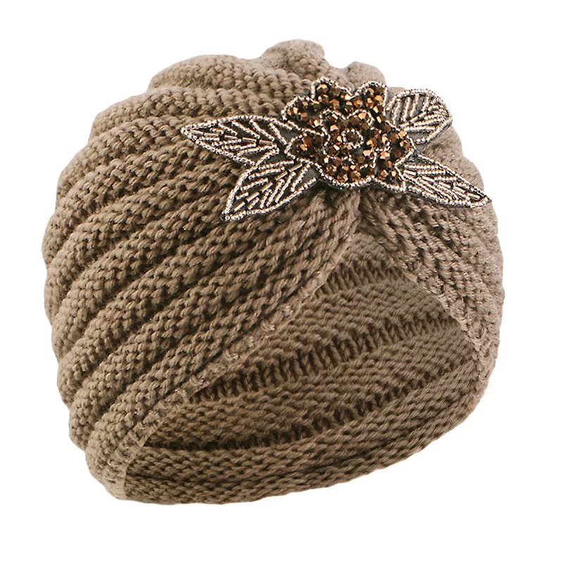 New Women Winter beaded flower knit Hat Autumn Winter Warm Turban Turban Hats Elastic Bonnet Headwrap Bandana Hair Accessories 5