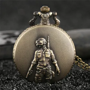 Steampunk Engraved Solider Design Men Women Quartz Analog Pocket Watch Roman Number Display Necklace Pendant Chain Game Clock