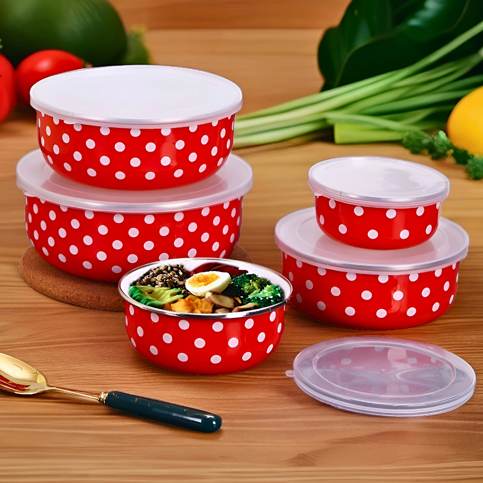 American enamel preservation bowl five-piece set with lid red and white polka dot 3