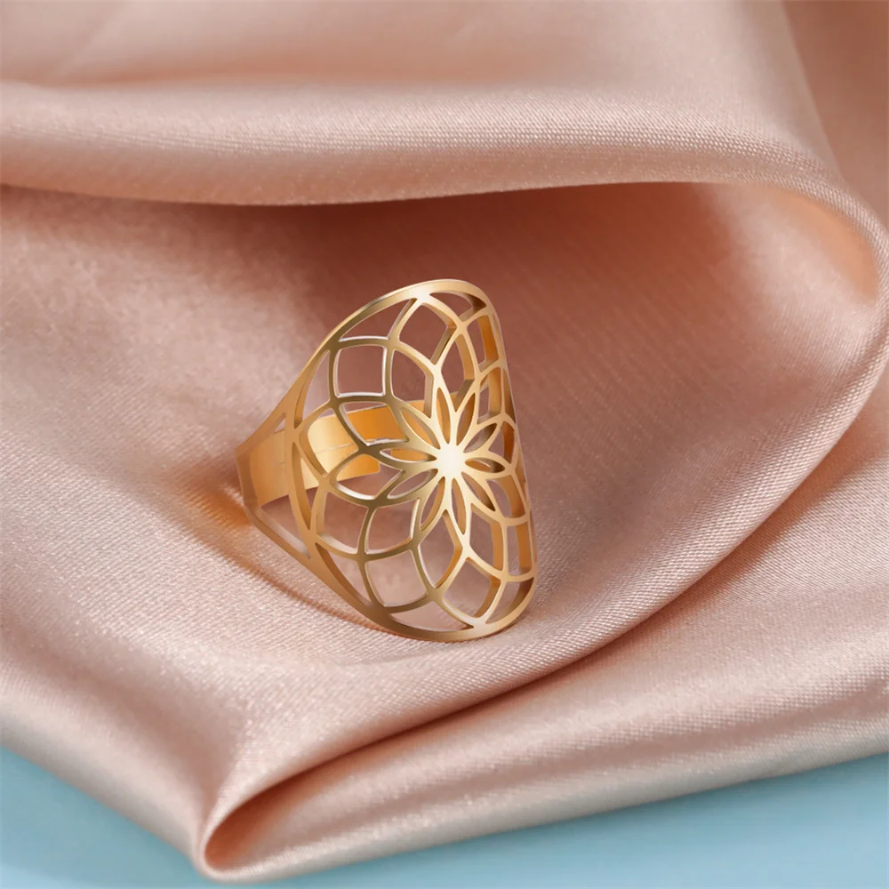Flower Of Life Ring Adjustable Stainless Steel Sacred Geometry_voghion.com