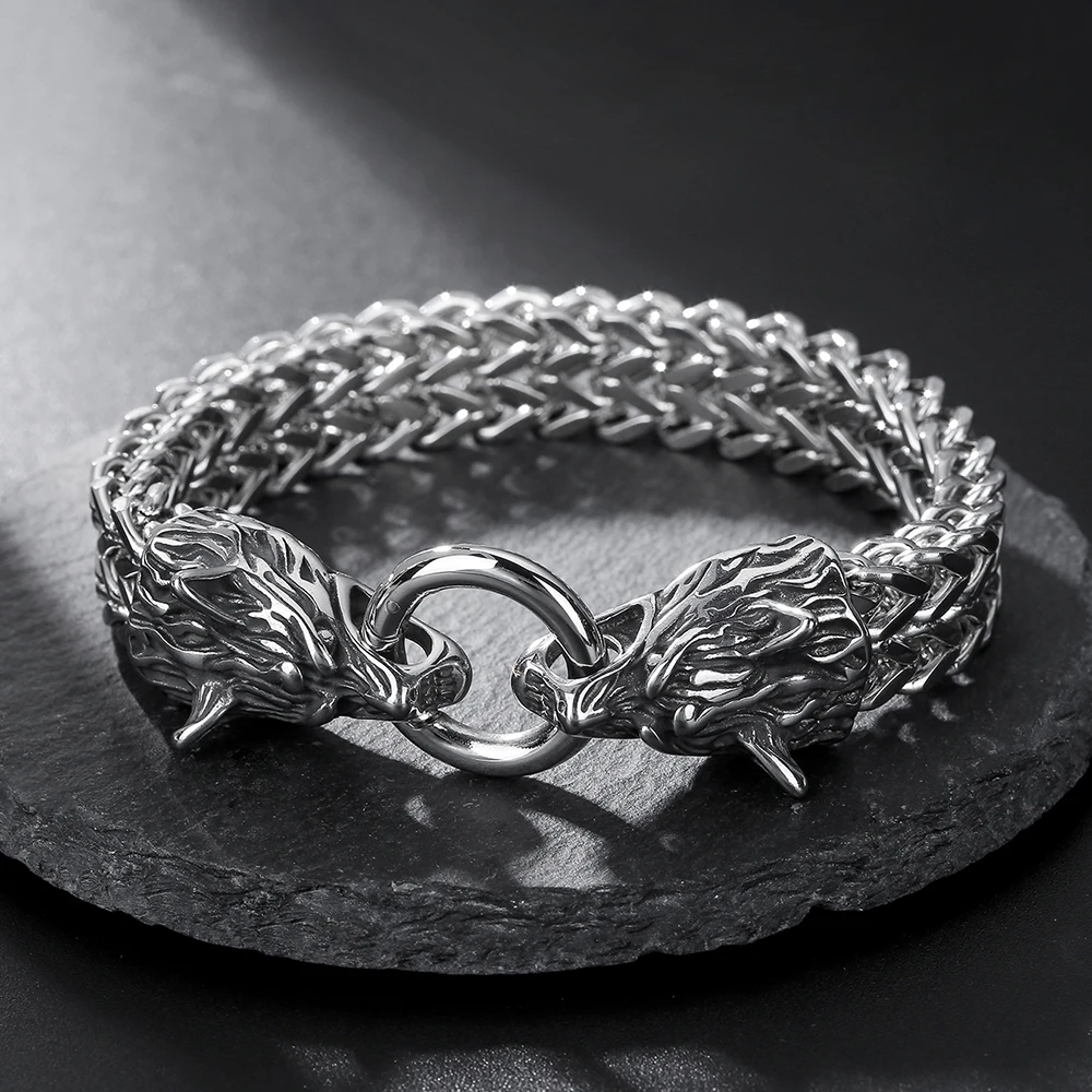 Fashion Stainless Steel Men's Bracelet Titanium Steel Hip Hop Bracelet Nordic Wolf Head Viking