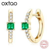 925 Sterling Silver Plated 14K Gold Ladies Hoop Earring 3x3mm Square Artificial Emerald Vintage Earrings for Women Jewelry Gift 1