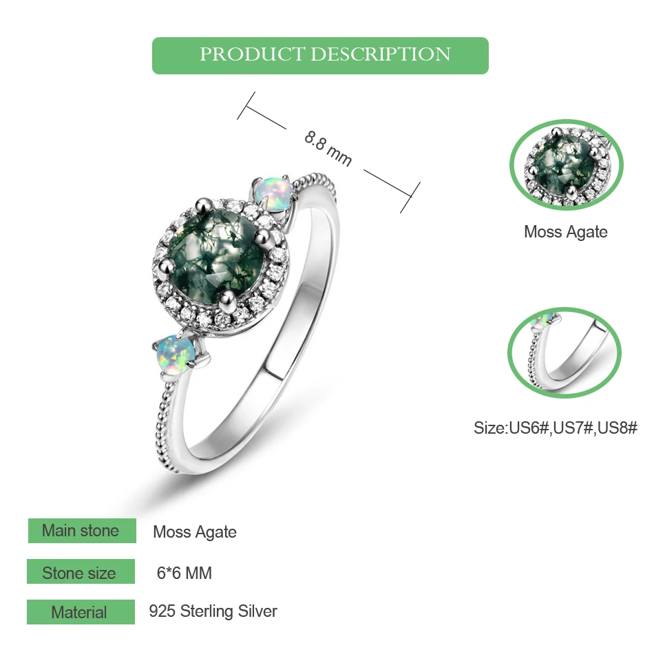 WES 925 Sterling Silver Natural 6*6mm Moss Agate Rings For Woman Anniversary Birthday Gift Fine Jewelry Trendy Elegant