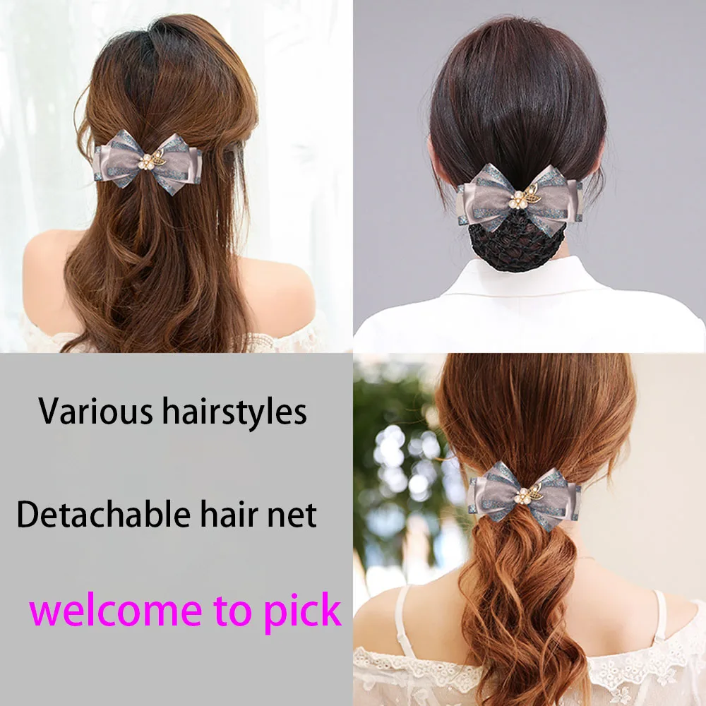 Vintage Hair Barrette Clip Mesh Hair Rope Satin Bow Hair Clips Cover Bowknot Bun Net Snood Hair Accessories Lady Women