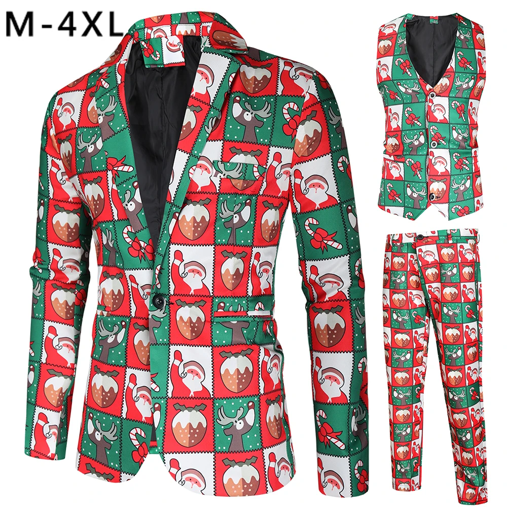 

Funny Christmas Men 3 Piece Sets Blazer Jackets + Vest + Pants Party Stage Wear Cartoon Printed Suits Coats Waistcoat Trousers
