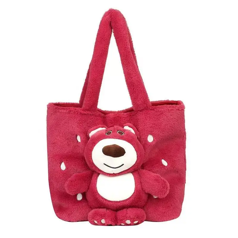 Disney 2025 New Cartoon Plush Doll Shoulder Bag Sweet and Cute Stitch Strawberry Bear Soft Cute Girls Handbag