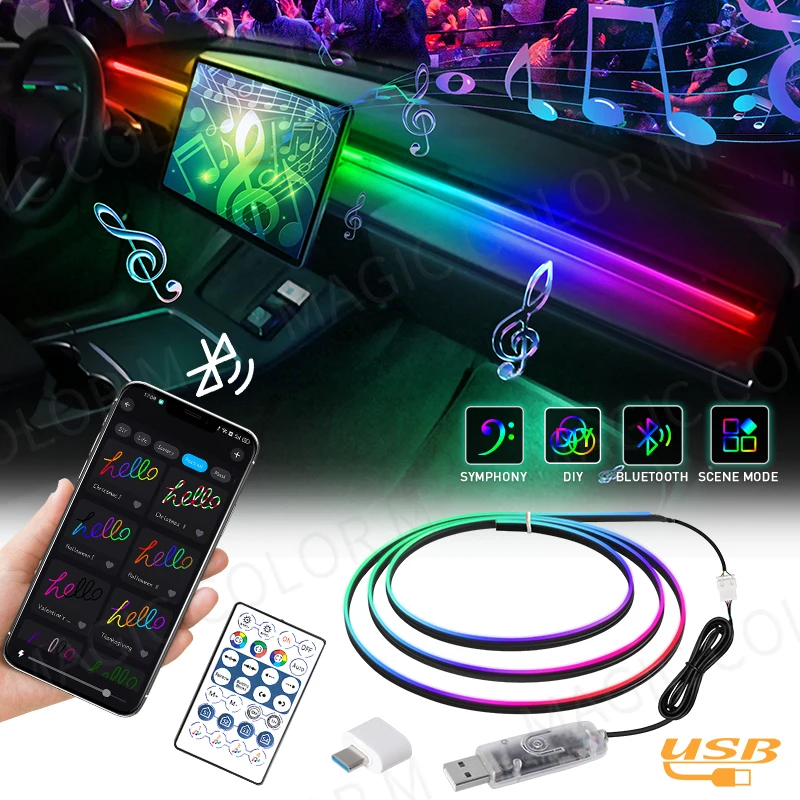 Vgetting 140/55.1inch Car Ambient Lights 2in1 Universal LED Symphony RGB Atmosphere Lamp USB APP Remote for Tesla Model 3 Y S X