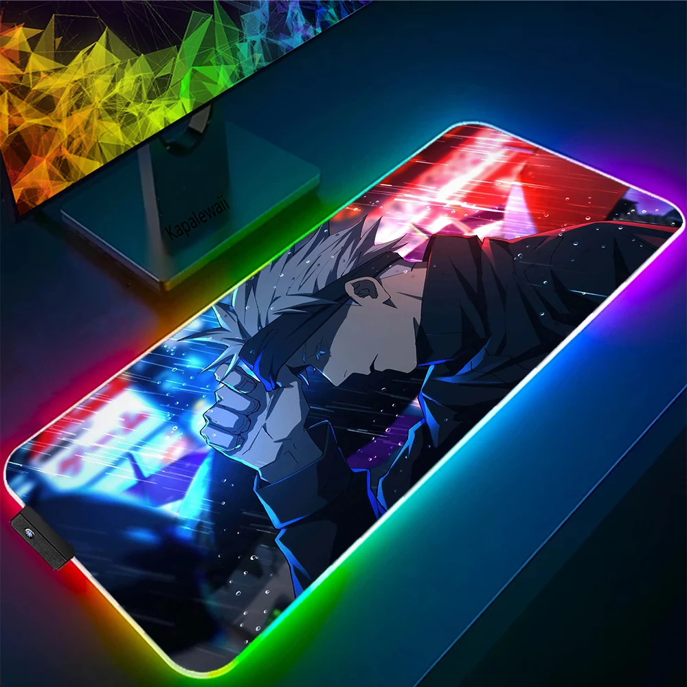 

Jujutsu Kaisen Mousepad Satoru Gojo Gamer Slipmat RGB LED Mouse Pad Gameing Keyboard Pads Colorful Luminous Desk Mat Backlit