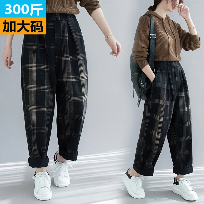 

Autumn/Winter New Large Size Casual Harem Jeans 150KG 8XL 7XL 6XL 5XL Fashion Ladies Plaid Pocket Denim Warm Harem Pants