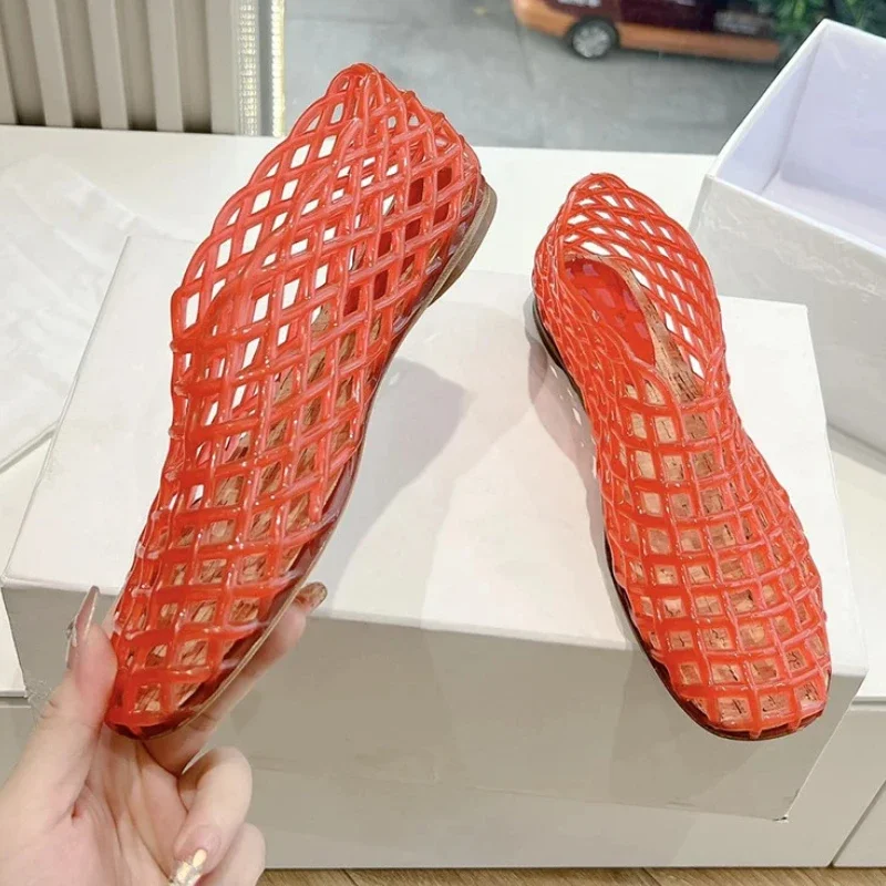 Women Shoes Hollow Beach Sandals Round Toe Comfy Transparent Mesh Flat Jelly