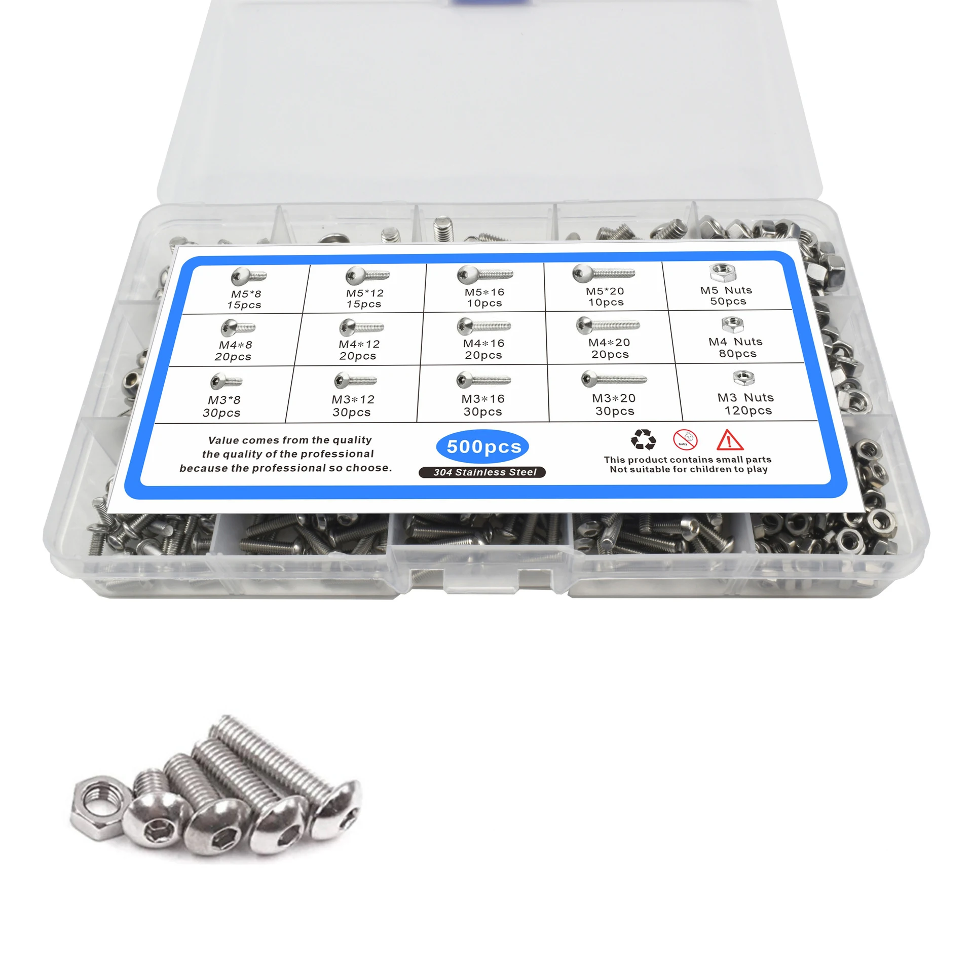 500Pcs 304 Stainless Steel M3M4M5 Pan Head Screw Bolt Nut Round Head Hexagon Socket Screw Box Set