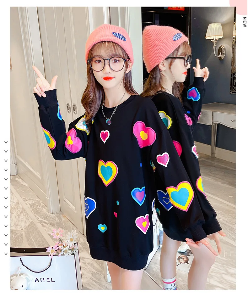 new children's hoodies Girls Sports Dress Children's Spring Cotton Lovely Colorful Hearts Long Sweater Dress Kids Pullover Child Casual Tops For Girl children's hooded tops