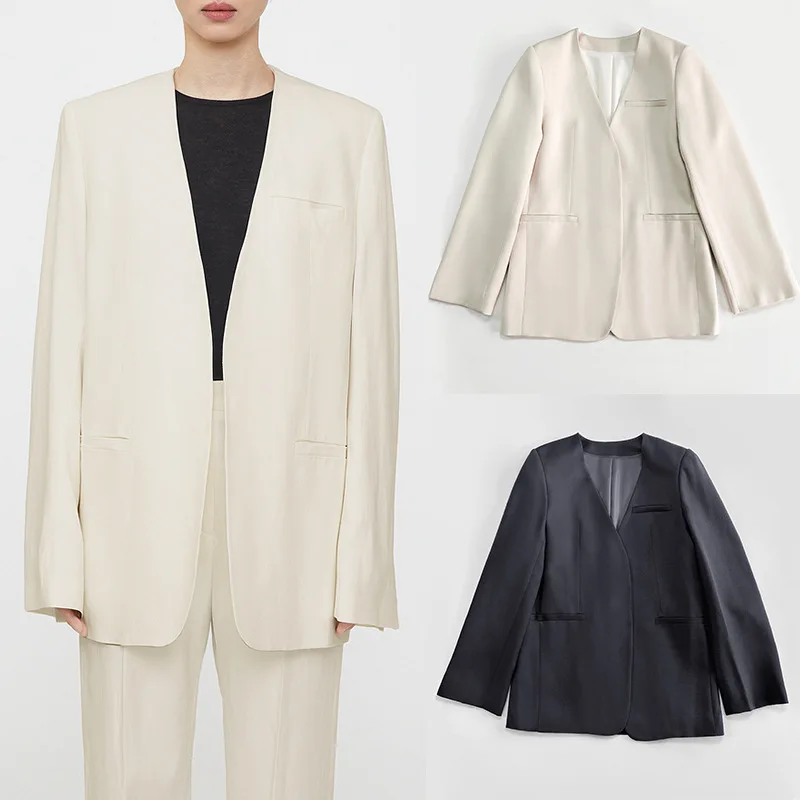 

Autumn New TOTE Original Design Silhouette Texture V-neck Buttonless Suit Texture Simple Classic Casual Coat