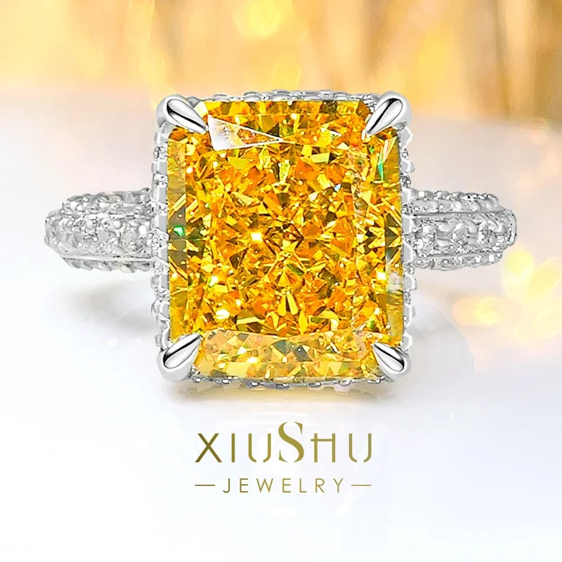 

925 Sterling Silver Ring Women's Rectangular Yellow Diamond Ring Set High Carbon Diamond Engagement Jewelry