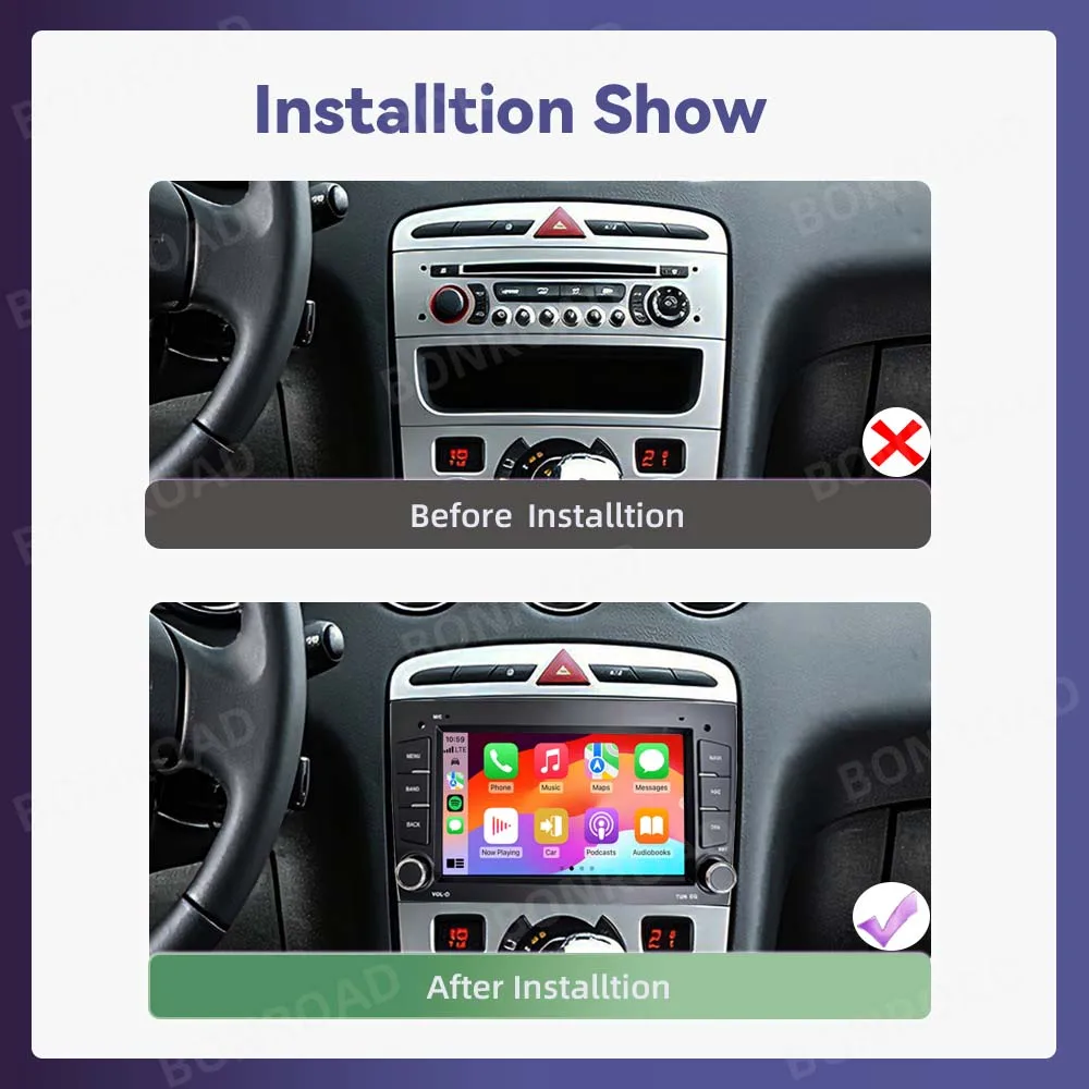 BONROAD Radio Multimedia para Auto con Pantalla de 7 Pulgadas, Sistema Linux, Carplay Inalámbrico, Android Auto, para Peugeot 308 408 Sedan SW CC RCZ 308 408 2007-2013, con Mirrorlink, Youtube, Bluetooth, DSP, RDS, Música en Línea, Cámara de Visión Trasera 4