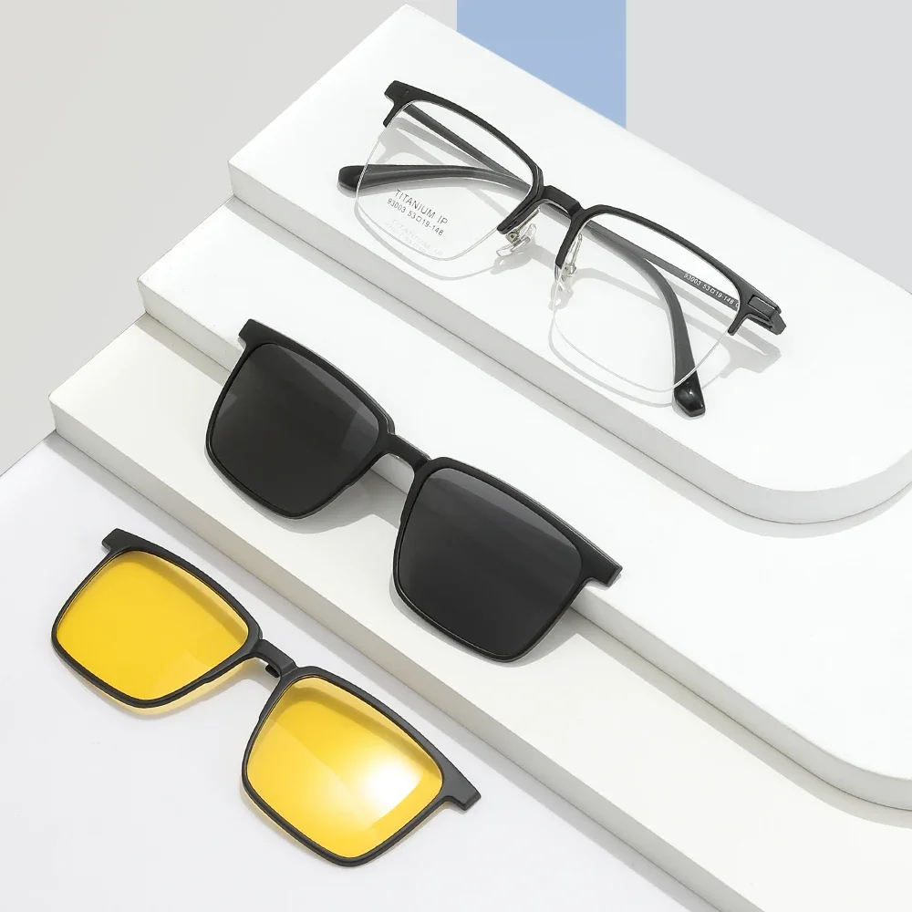

EyeGlasses prescription optical lenses 3 In 1 Pure Titanium Frame With Polarized Clip On Sunglasses And Night Vision myopia