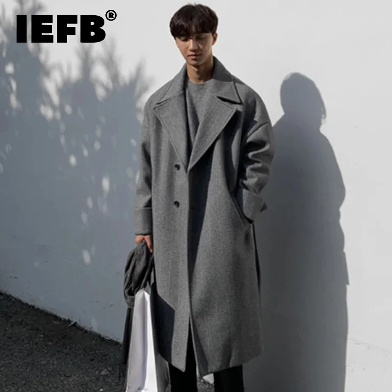 

IEFB Men's Woolen Windbreaker Korean Fashion Solid Color Turn-down Collar Pocket Knee Length Male Outerwear Spring New 9C4903