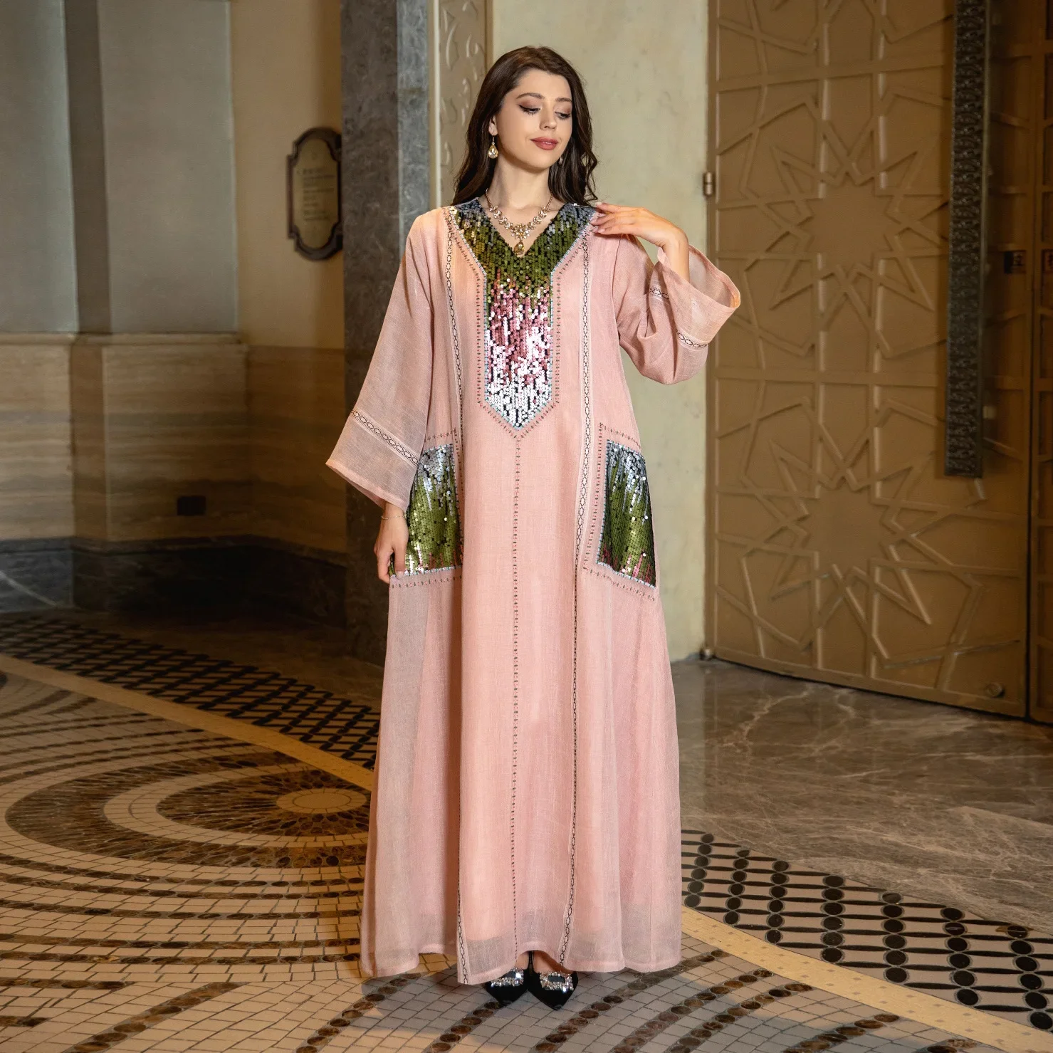 Ramadan Eid Gulf Abaya Arab Jalabiya for Women Dubai Luxury Abayas Sequin Embroidery Muslim Dress Moroccan Turkish Arabic Kaftan