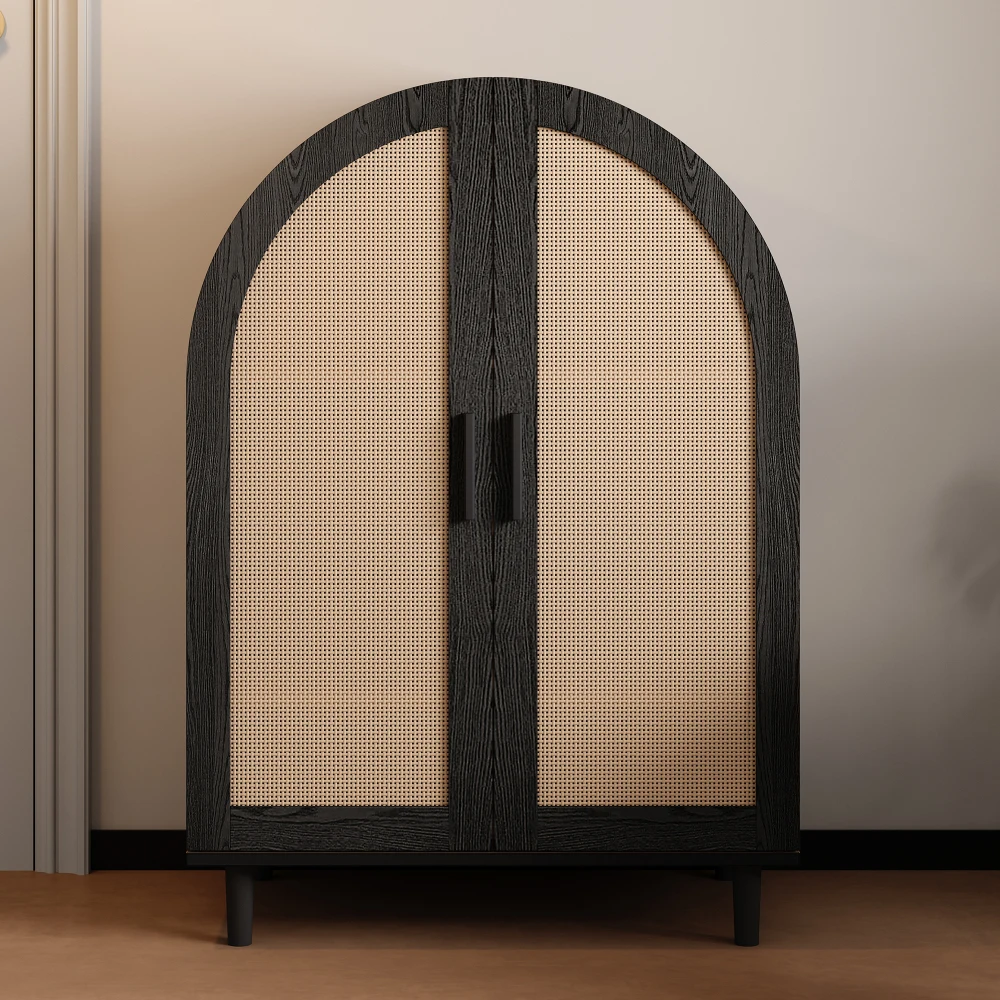 Modernes, elegantes Sideboard/Schuhschrank mit abgerundeten Außentüren, gebrochenen Rattantüren und drei Regalen, geeignet für das Wohnzimmer zu Hause – Detail 8