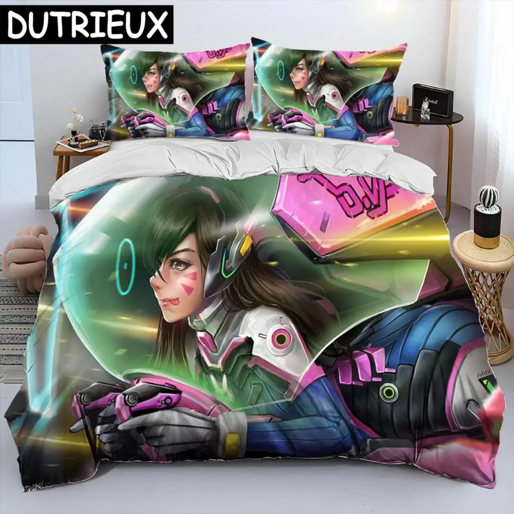 

OW Overwatch Game Gamer DVA Comforter Bedding Set,Duvet Cover Bed Set Quilt Cover Pillowcase,King Queen Size Bedding Set Kids 3D