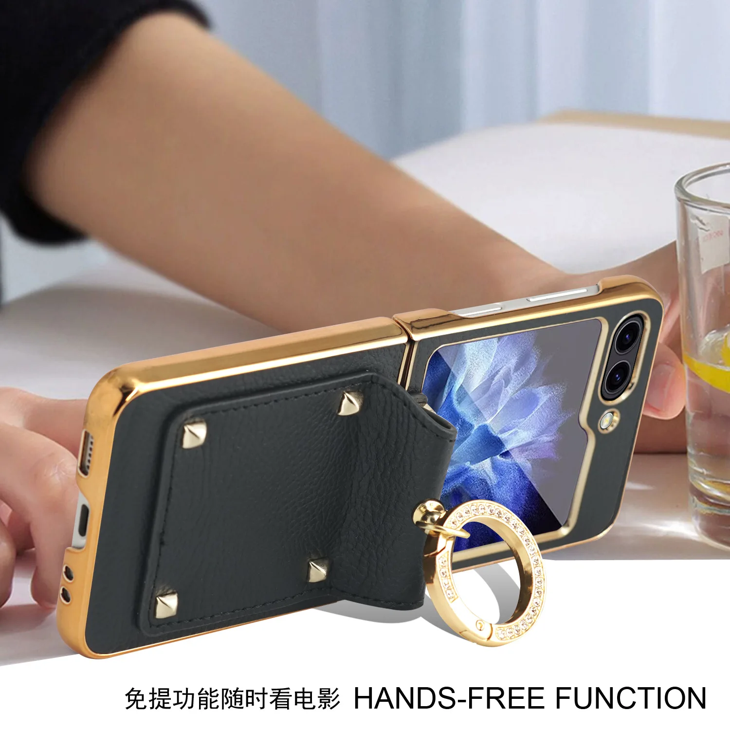 For Samsung Galaxy Z Flip 5 4 3 5G Case Colorful Matte Plain Leather Glitter Metal Ring With Mirror Film Folding Shockproof Case