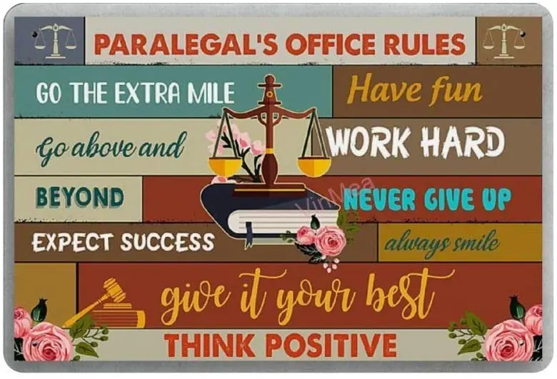 Паралегальный & Rsquo;S офисные правила Ретро металлический Оловянная табличка постер Настенный декор искусство потертый шик подарок