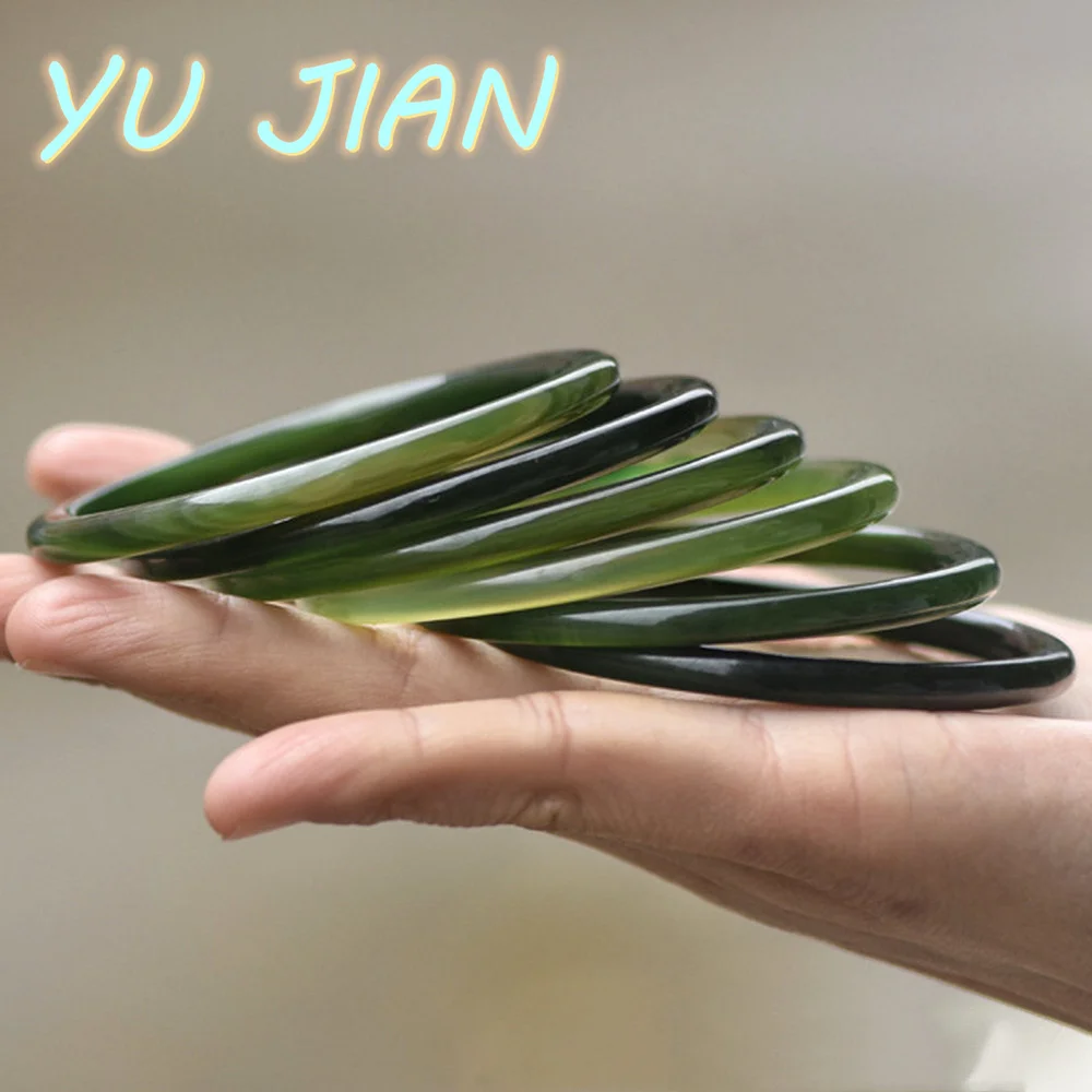 Exquisite Thin Round Bar Jade Bracelet Rare Natural Texture Green Chalcedony Bangle Quality Elegant Handring Fine Jewelry