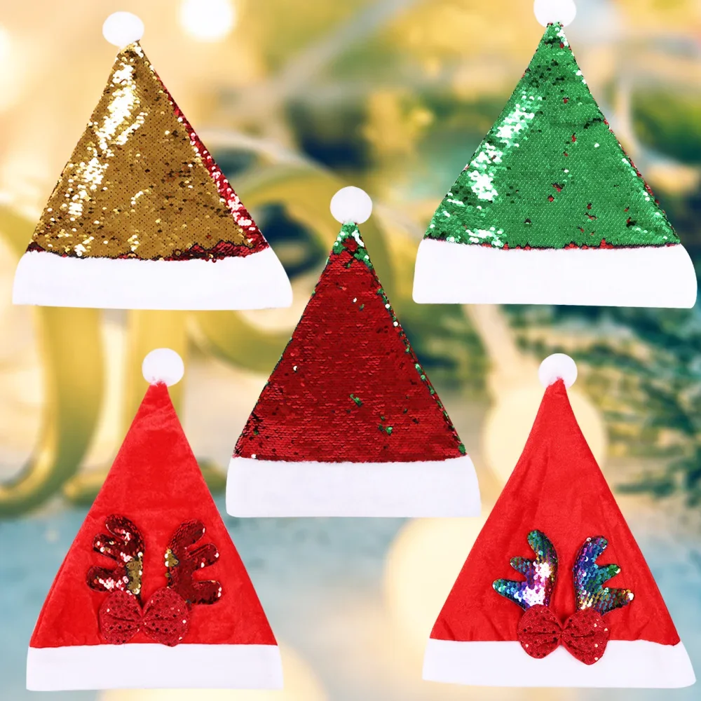 New Christmas Gold Paillette Christmas Hat Green Paillette Plush Hat Holiday Props Adjustable
