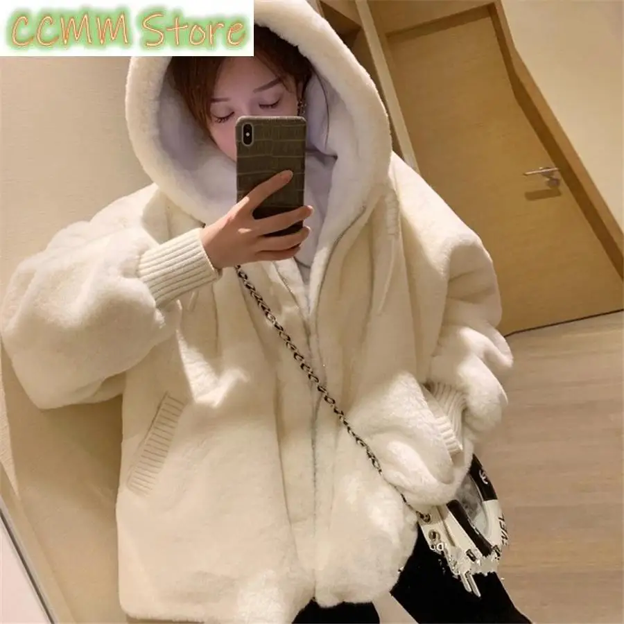 New Imitation Lambwool Outwear Top White Coat Warm Furry Overcoat Casual Winter Hooded Faux Rabbit Fur Plush Women Jacket