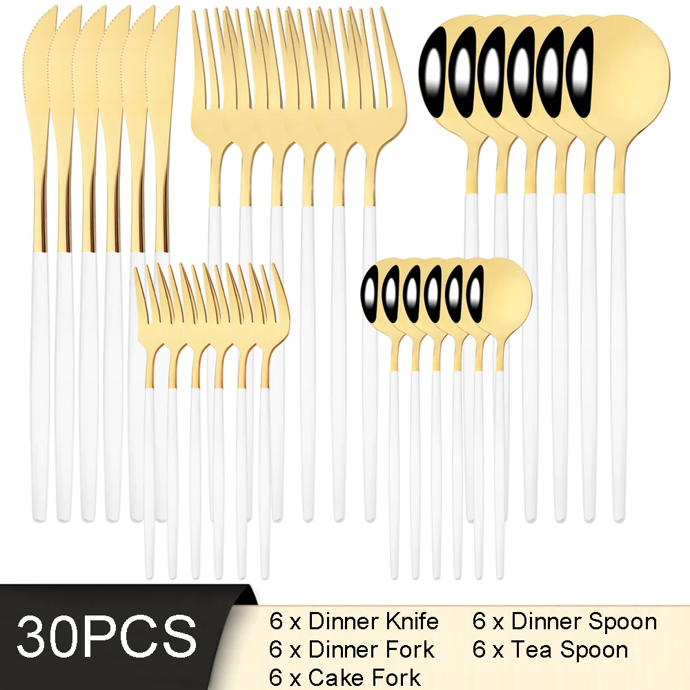 

30Pcs White Gold Cutlery Set Stainless Steel Tableware Knife Cake Fork Spoon Dinnerware Set Kitchen Flatware Silverware