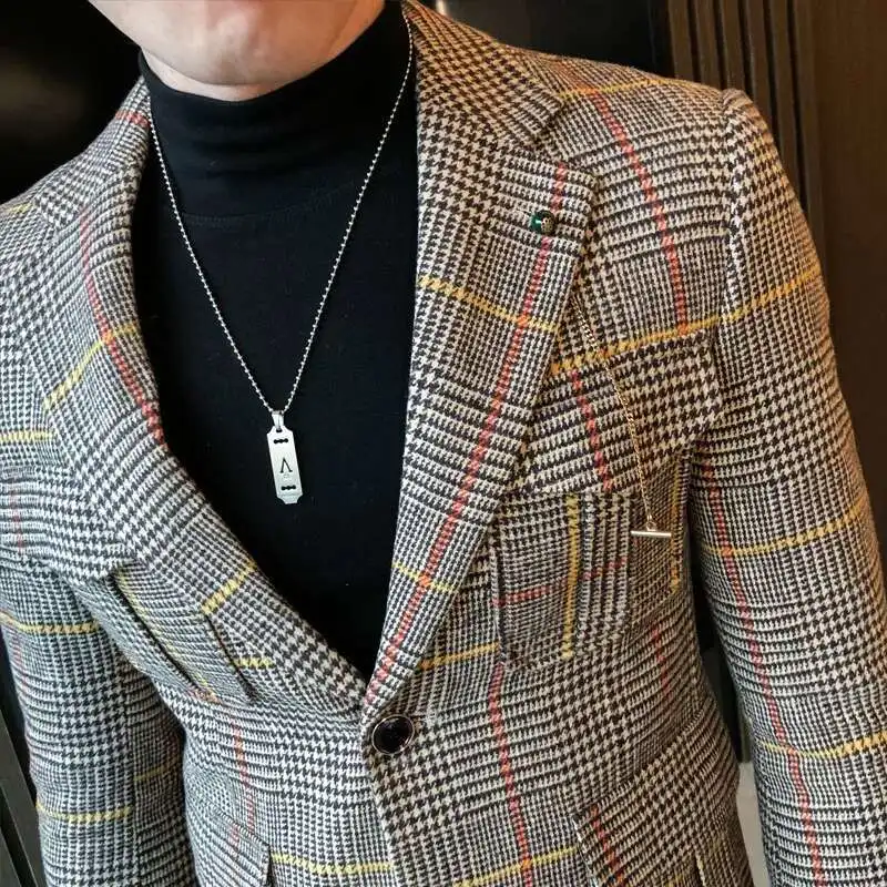 Vintage Plaid Blazer British Stylish Male Blazer Suit Jacket Business Casual Jacket Terno Masculino Mens Pattern