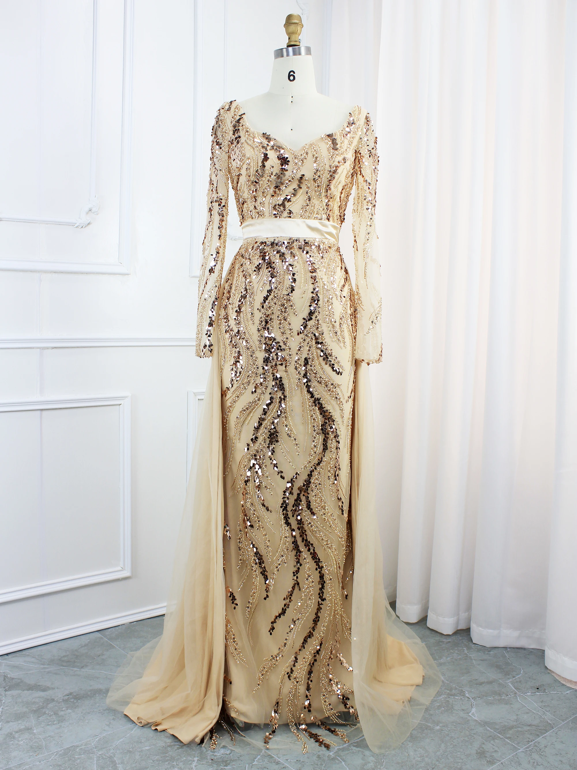 

Hot Sale& Best Price Gold V-Neck A Line Evening Dresses Luxury Beaded Formal Gowns 2024 For Women Party With Overskirt