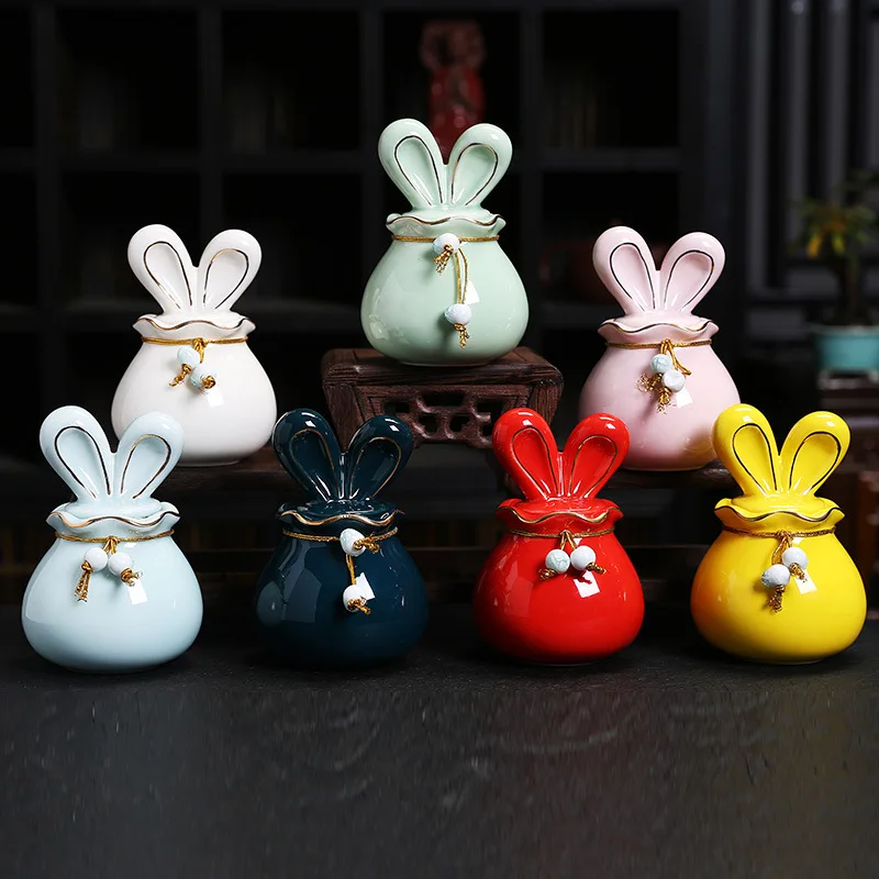 

Ceramic rabbit tea pot Antique bag bag Rabbit sealed pot Chinese storage pot tea storage coffee storage tea tin tea container