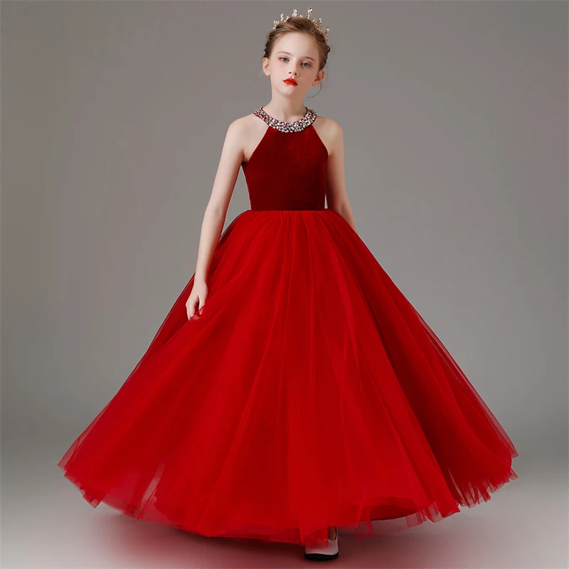 YZYmanualroom Girls red halter net pommel dress Junior Bridesmaid dress Wedding Girls Communion dress/customizable