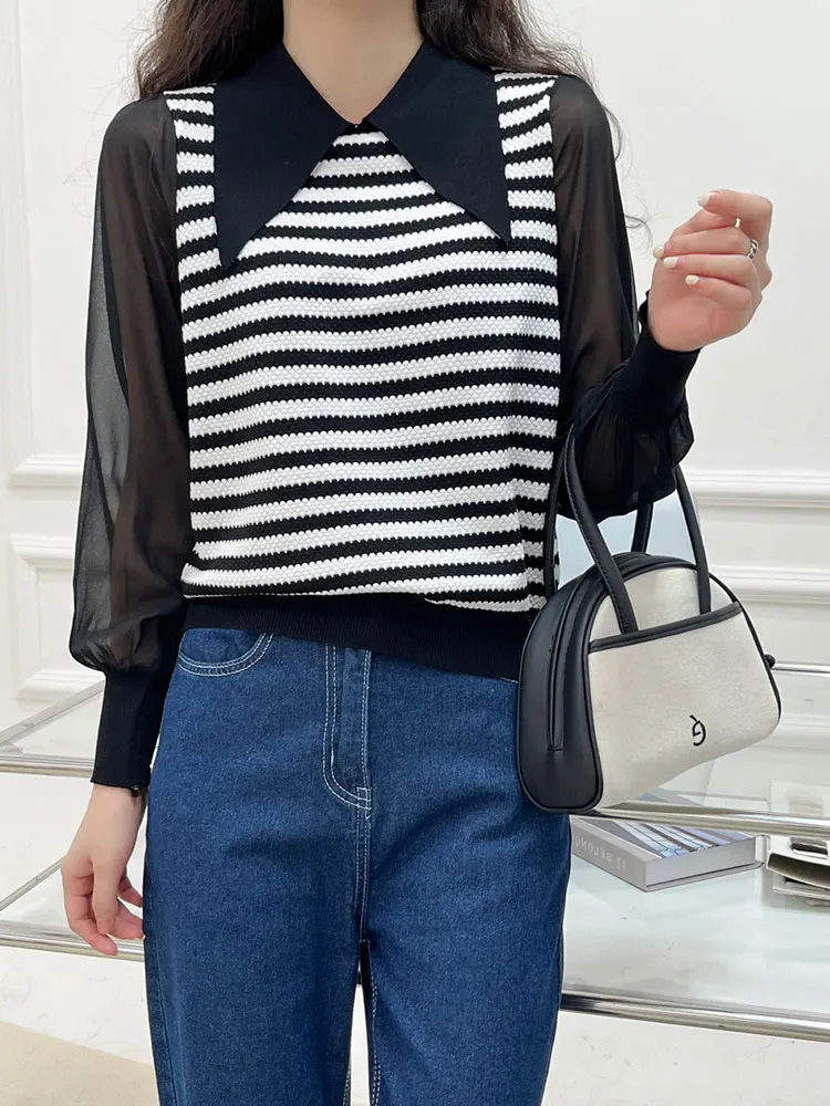 

Women's Spring Doll Collar Striped Stitching Fashion Knitted Sweater