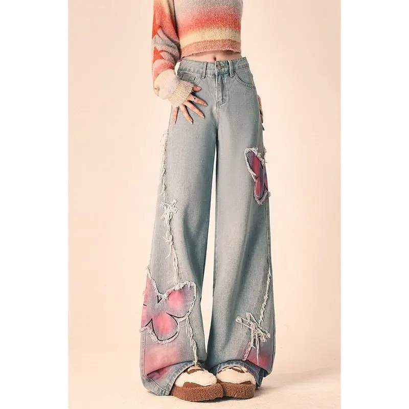 American retro butterfly embroidery design raw edge jeans for women in spring and autumn sweet and cool wide-leg straight pants