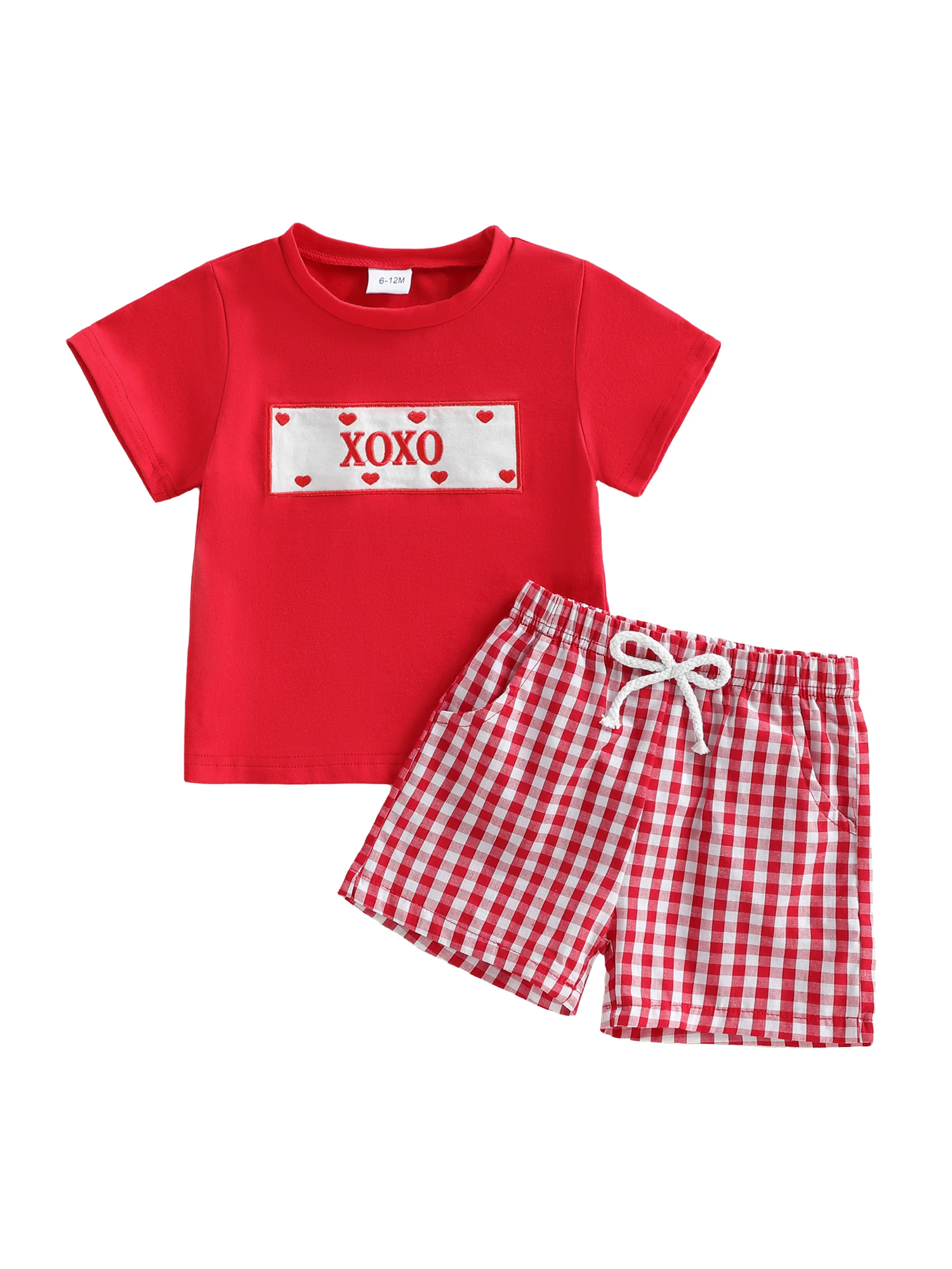 Children s Summer Ensemble Embroidered Short-Sleeve Tee and Plaid Shorts Set for Valentine s Day Outfit