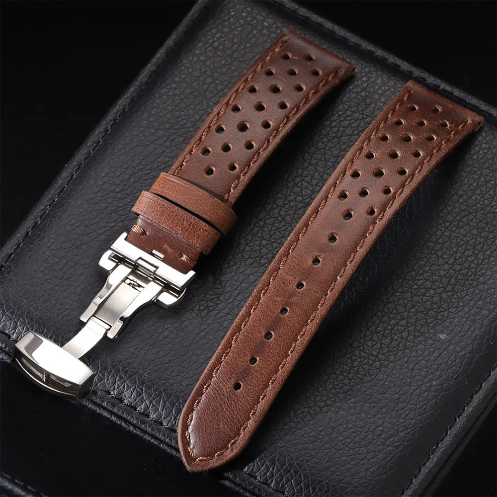 Universal Genuine Cowhide Leather Watch Band with Butterfly Buckle - Vintage, Breathable Strap