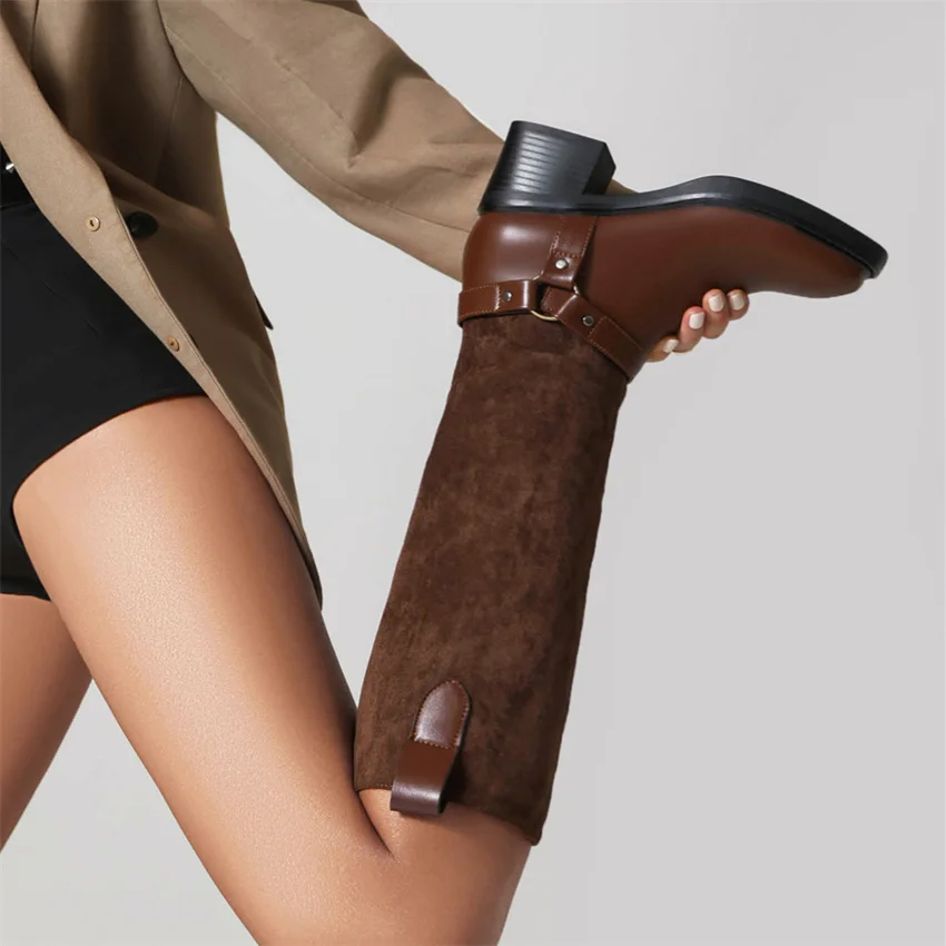

Boots for Women 2023 Chunky Heel Flock Knee High Boots Winter Classic High Heels Big Size 43 Splice Ladies Shoes Dropshopping