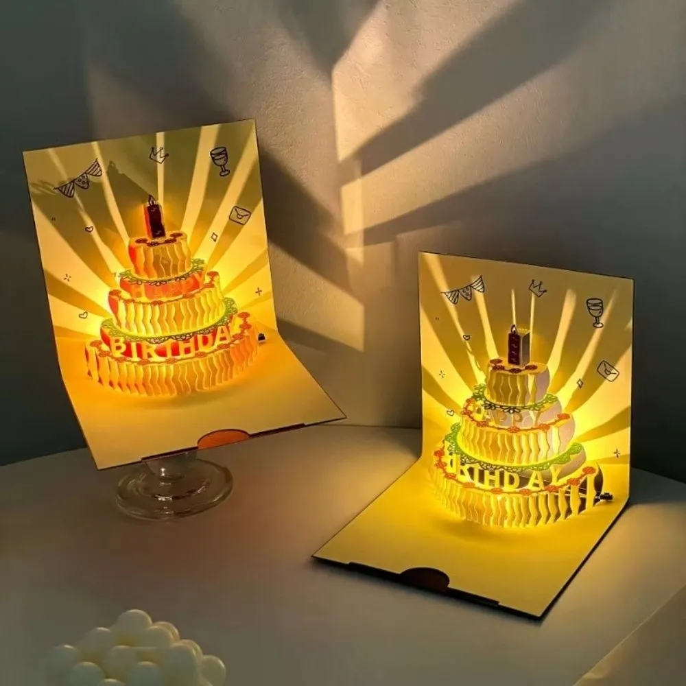 Hollow Carving 3D Cake Birthday Card Folding Unique Pop-Up Greeting Card with Envelope Funny LED Light Pop-Up Card