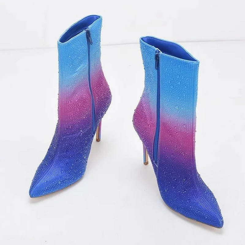 

FHC 2024 Rhinestone Women Ankle Boots,Gradient Color Booties,High Heels Short Botas,Pointed toe,Side Zip,Blue,Yellow,Dropship