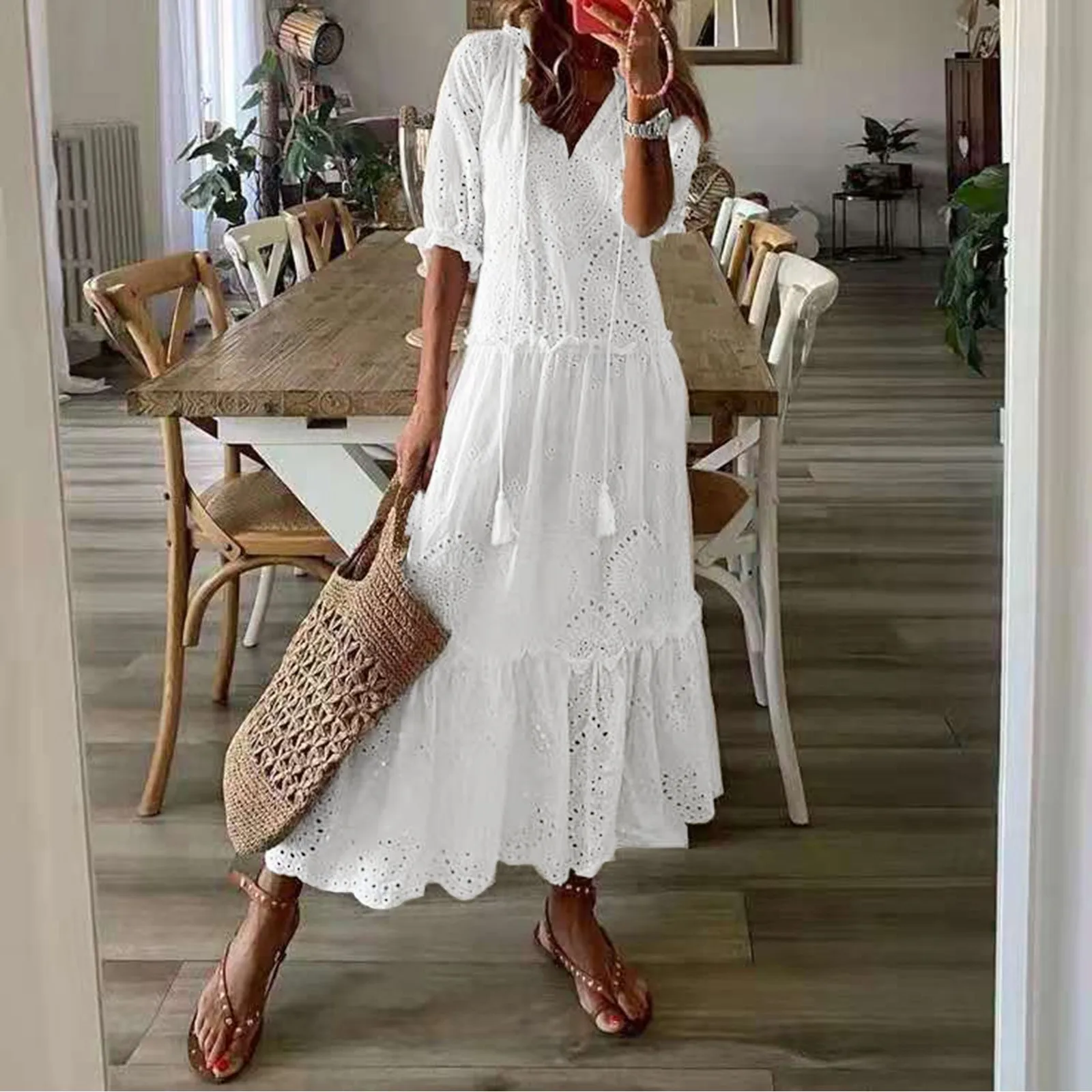 

Casual Hollow Out V Neck White Lace Maxi Dress Vintage A-line Loose Embrioderied Floral Print Bohemian Long Sundress For Women