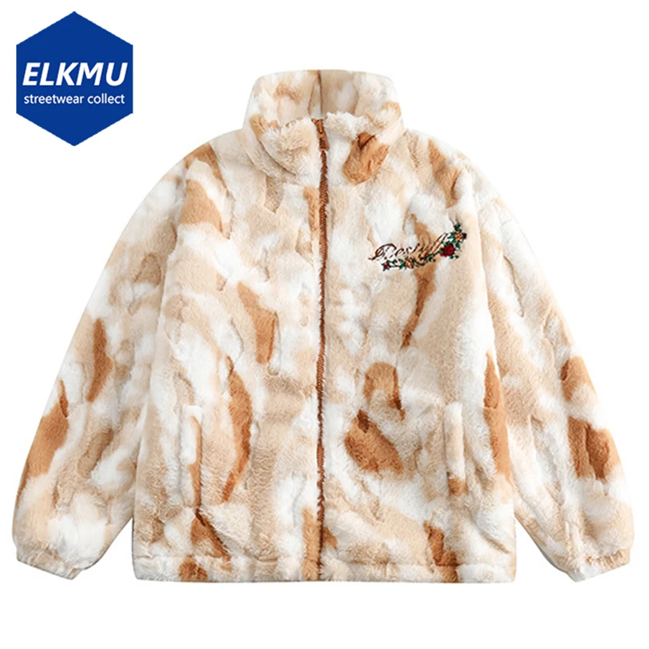 

2023 Men Winter Fleece Fuzzy Jacket Streetwear Zipper Coat Flower Embroidery Loose Casual Padded Fluffy Jackets Harajuku Hip Hop