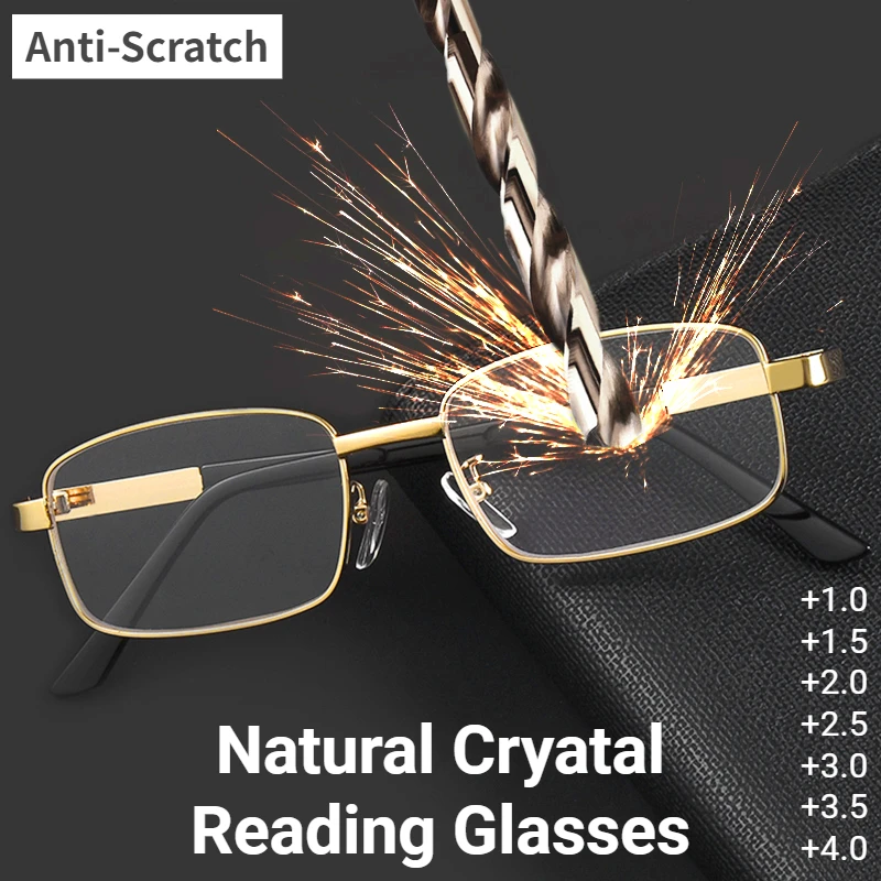 Reading Glasses Metal Real Glass Lens Square Full Frame Presbyopic Anti-Scratch Diopter For Men Women +1.5 2.0 2.5