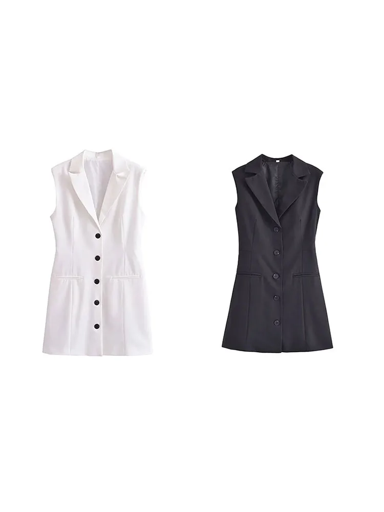 

ZADATA 2023 New Women's Clothing Elegant, Chic and Fashionable Spliced ​​Lapel Slim Fit Retro Versatile Sleeveless Button Dress