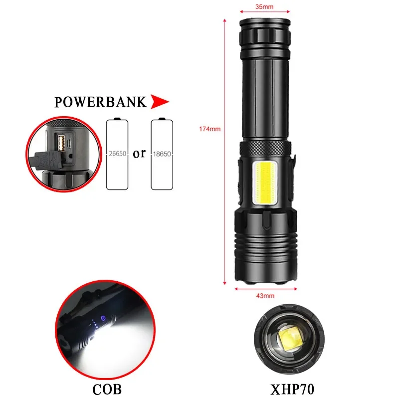 XHP70 + COB  Ʈ ҽ LED  ͸  ܺ ͸ ÷ Ʈ USB  18650 26650 ͸