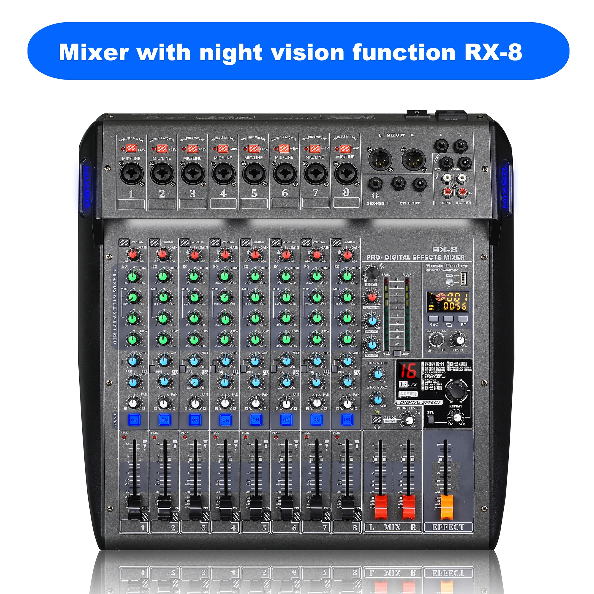 tirsdag at straffe industrialisere Paulkitson Rx8 Professional Mixer Audio Sound Table 8 Channel Mixing  Console With Night Vision 48v Phantom Power Usb Sound Card - Stage Audio -  AliExpress